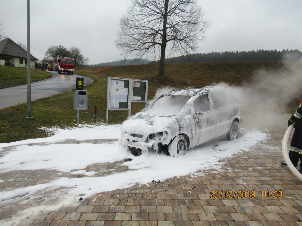 Auch die angerückten Feuerwehren konnten nur noch das in Vollbrand stehende Auto löschen Foto: Polizei