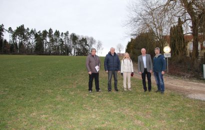 Die Theuerner Gemeinderäte Herbert Breitkopf, Werner Cermak, Veronika Frenzel und Thomas Pronath (v.l.n.r.) gemeinsam mit Bürgermeister Roland Strehl (2.v.r.) auf dem Wiesenteil am Ende der Lochnerstraße Foto: Thomas Pronath