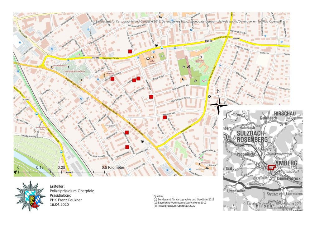 Karte mit den Tatorten in Amberg  (C) Polizeipräsidium Oberpfalz