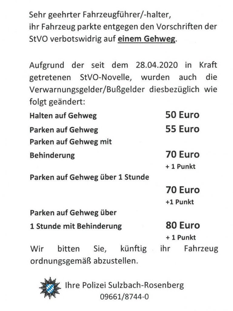 Statt eines Bußgeldes gab es erstmal diesen Hinweiszettel Quelle: Polizei Sulzbach-Rosenberg