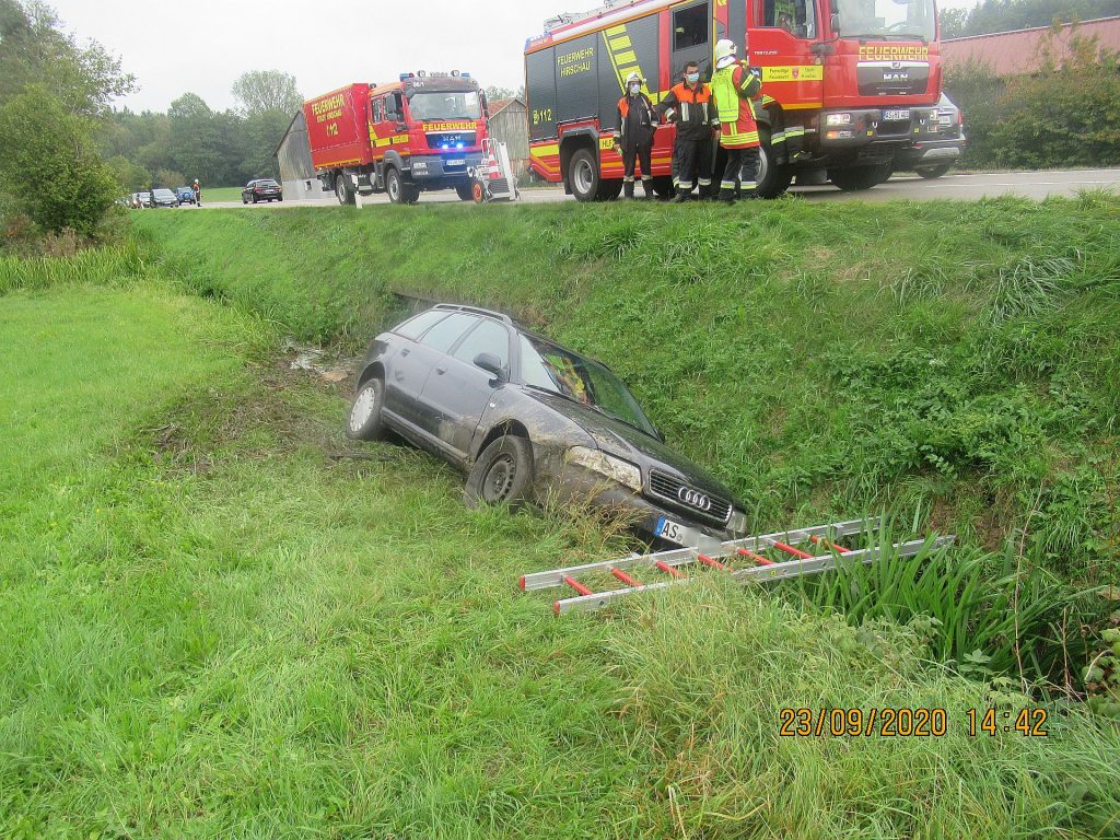 Der Fahrer schließt einen Fahrfehler aus, trotzdem landete sein Audi im Straßengraben Foto: Polizei Amberg