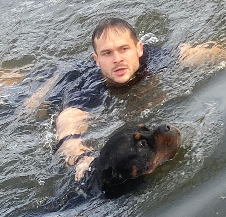 Polizeibeamter springt in den Regen und rettet Schwan