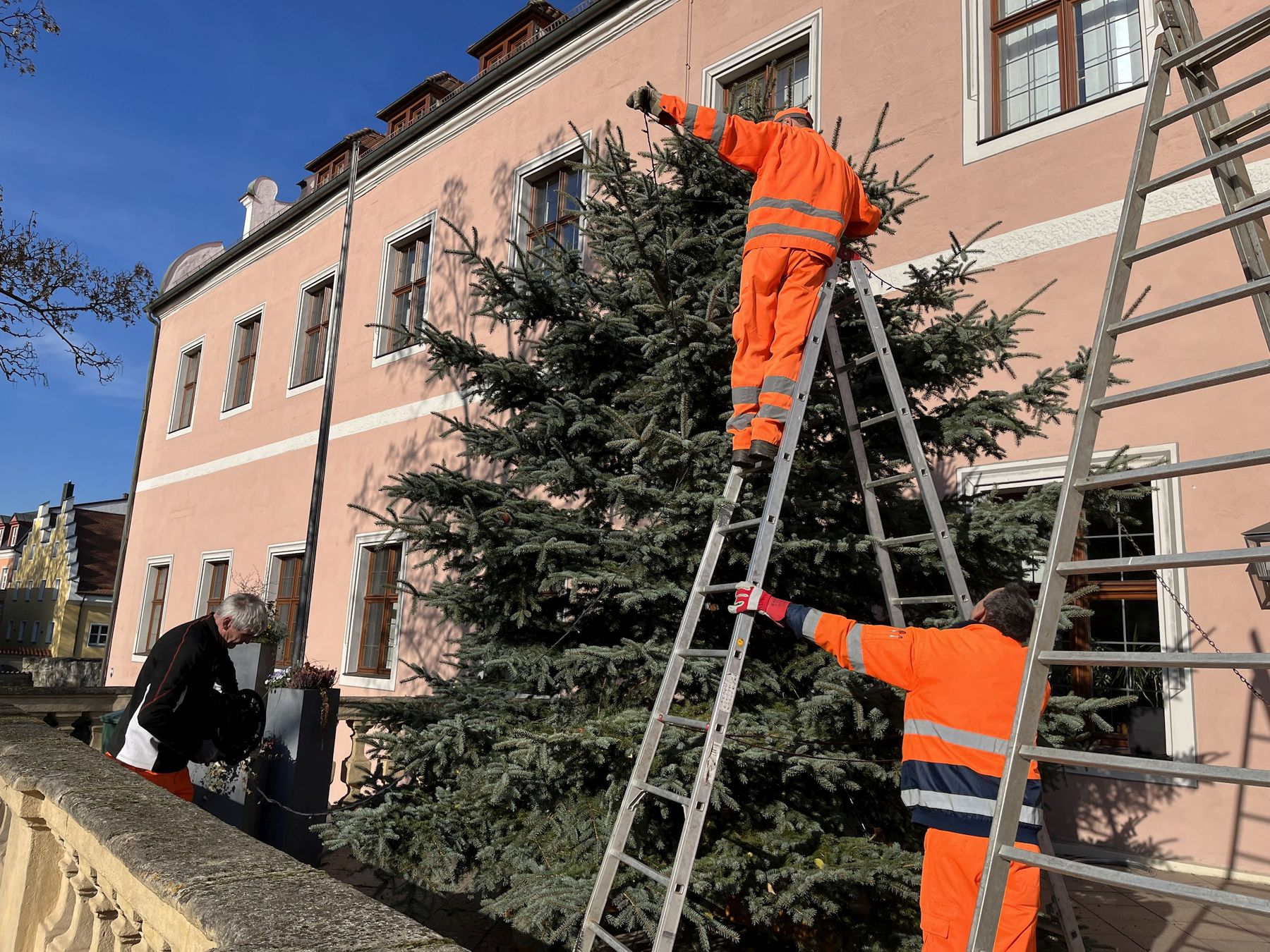 Mitarbeiter des Bauhofs stellen den fünf Meter hohen Baum auf dem Balkon des Landratsamtes auf und behängen ihn mit einer Lichterkette, damit er schon bald auf die bevorstehende Advents- und Weihnachtszeit einstimmt Foto: Christine Hollederer